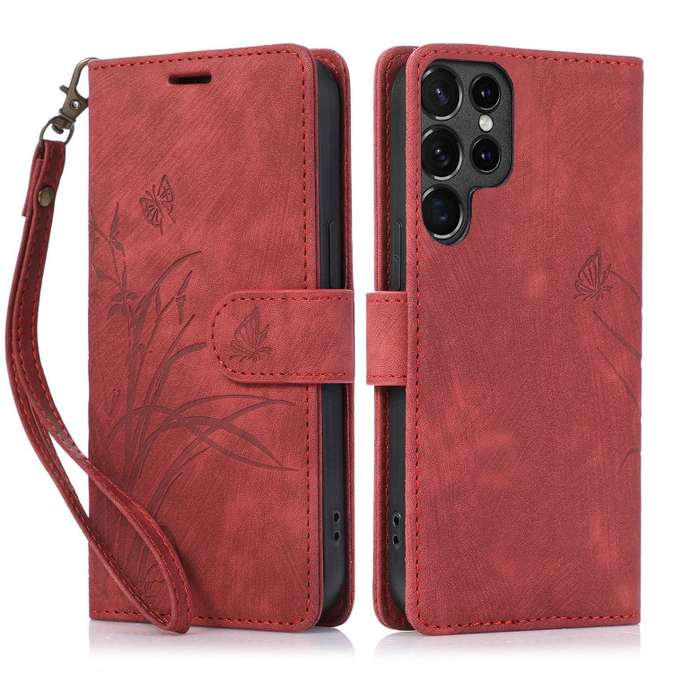 

For Samsung Galaxy S23 Ultra 5G Orchid Butterfly Embossed Leather Phone Case(Red)