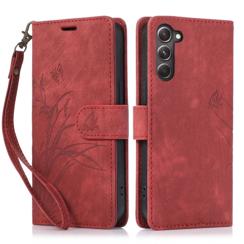 

For Samsung Galaxy S23 5G Orchid Butterfly Embossed Leather Phone Case(Red)
