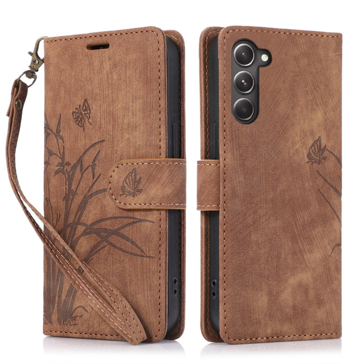 

For Samsung Galaxy S23 5G Orchid Butterfly Embossed Leather Phone Case(Brown)