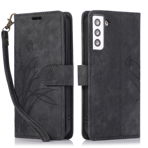 

For Samsung Galaxy S22 5G Orchid Butterfly Embossed Leather Phone Case(Black)