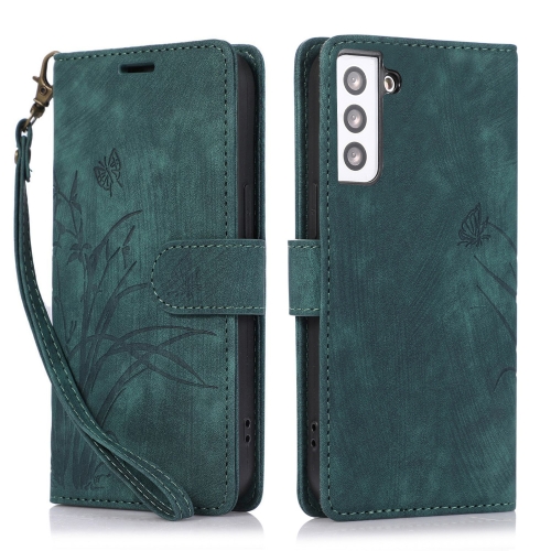

For Samsung Galaxy S22 5G Orchid Butterfly Embossed Leather Phone Case(Green)