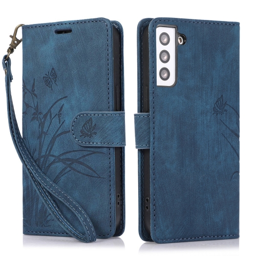 

For Samsung Galaxy S22 5G Orchid Butterfly Embossed Leather Phone Case(Blue)