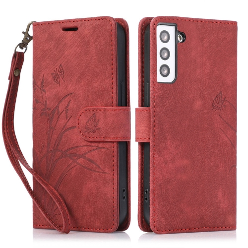 

For Samsung Galaxy S21+ 5G Orchid Butterfly Embossed Leather Phone Case(Red)