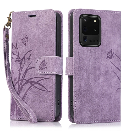 

For Samsung Galaxy S20 Ultra Orchid Butterfly Embossed Leather Phone Case(Purple)