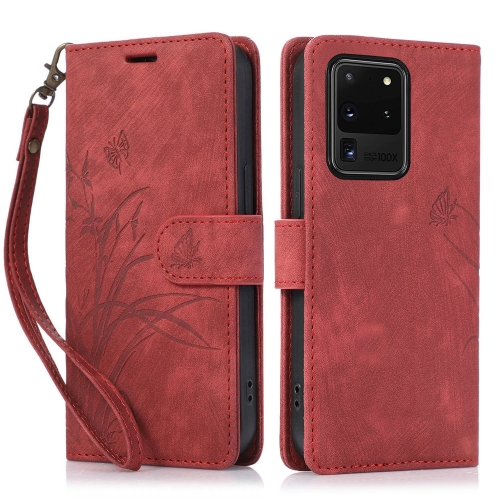 

For Samsung Galaxy S20 Ultra Orchid Butterfly Embossed Leather Phone Case(Red)