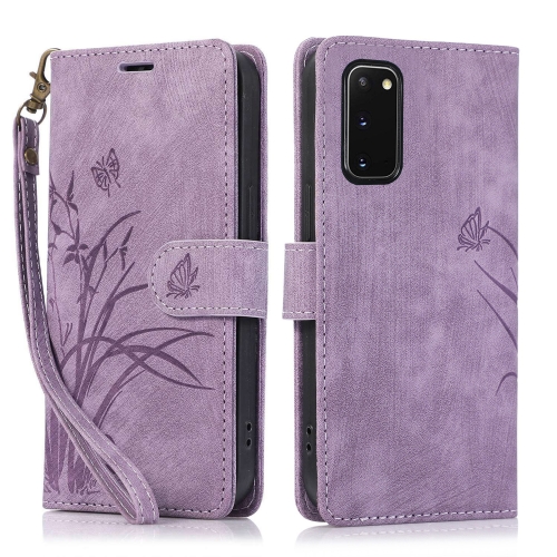 

For Samsung Galaxy S20 Orchid Butterfly Embossed Leather Phone Case(Purple)