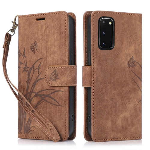 

For Samsung Galaxy S20 Orchid Butterfly Embossed Leather Phone Case(Brown)