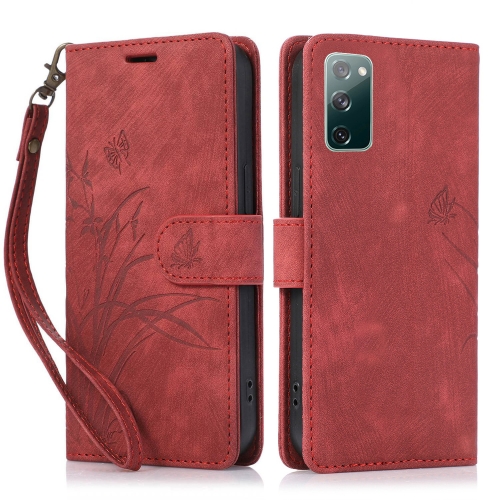 

For Samsung Galaxy S20 FE Orchid Butterfly Embossed Leather Phone Case(Red)
