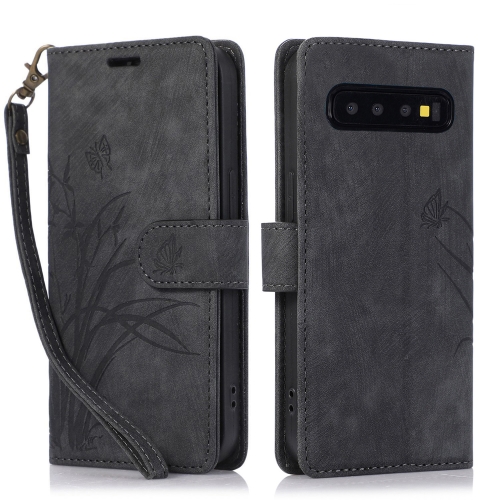

For Samsung Galaxy S10+ Orchid Butterfly Embossed Leather Phone Case(Black)