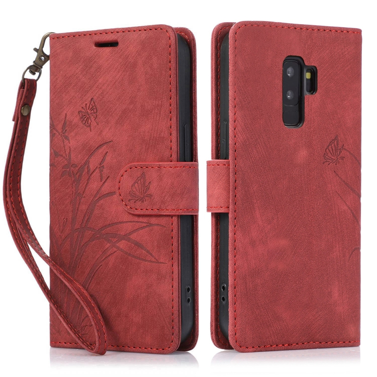 

For Samsung Galaxy S9+ Orchid Butterfly Embossed Leather Phone Case(Red)