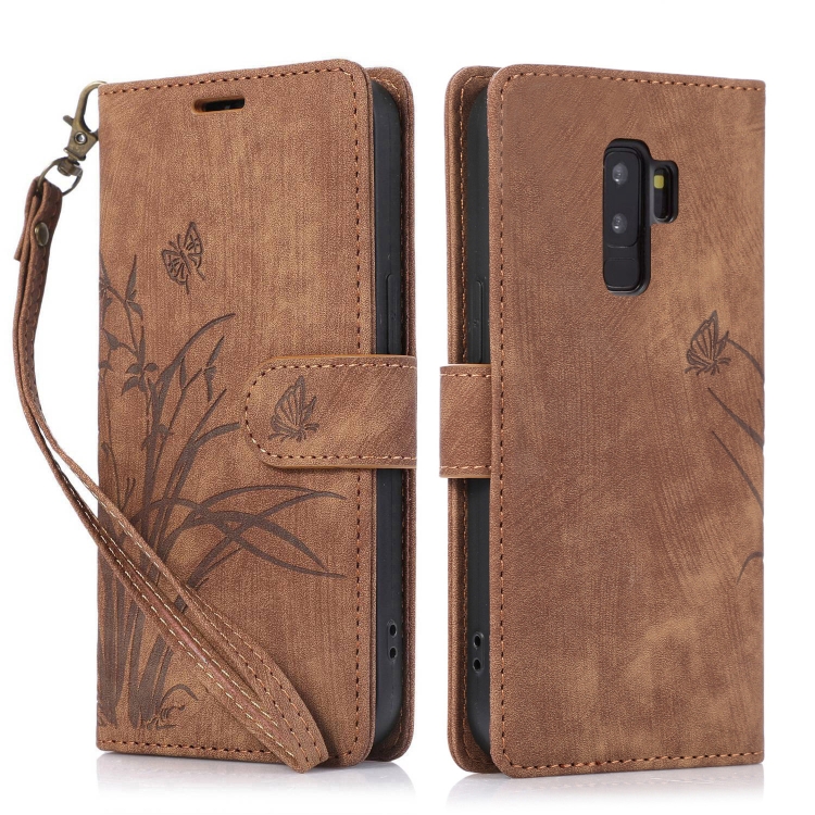 

For Samsung Galaxy S9+ Orchid Butterfly Embossed Leather Phone Case(Brown)