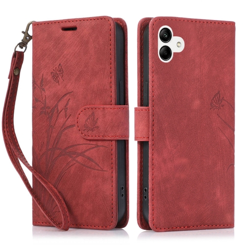 

For Samsung Galaxy A04e / F04 Orchid Butterfly Embossed Leather Phone Case(Red)
