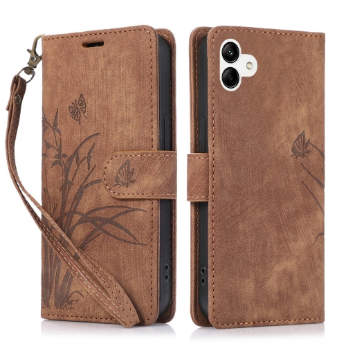 

For Samsung Galaxy A04e / F04 Orchid Butterfly Embossed Leather Phone Case(Brown)