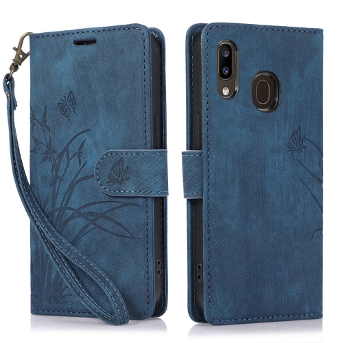 

For Samsung Galaxy A20 / A30 Orchid Butterfly Embossed Leather Phone Case(Blue)