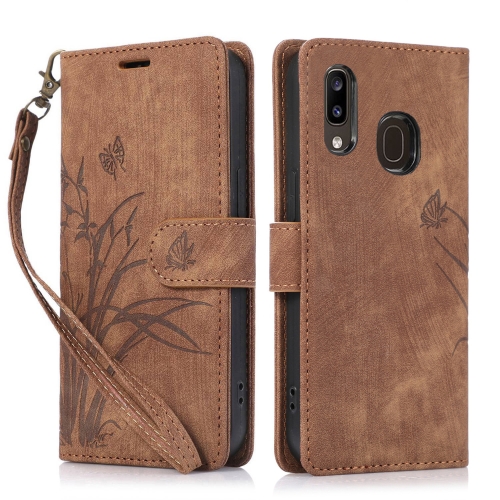 

For Samsung Galaxy A20 / A30 Orchid Butterfly Embossed Leather Phone Case(Brown)