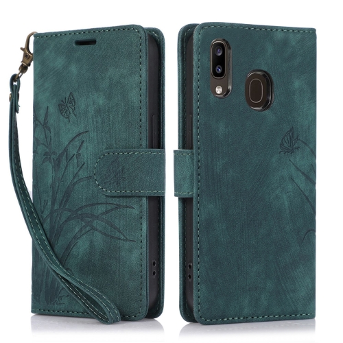 

For Samsung Galaxy A20e / A10e Orchid Butterfly Embossed Leather Phone Case(Green)