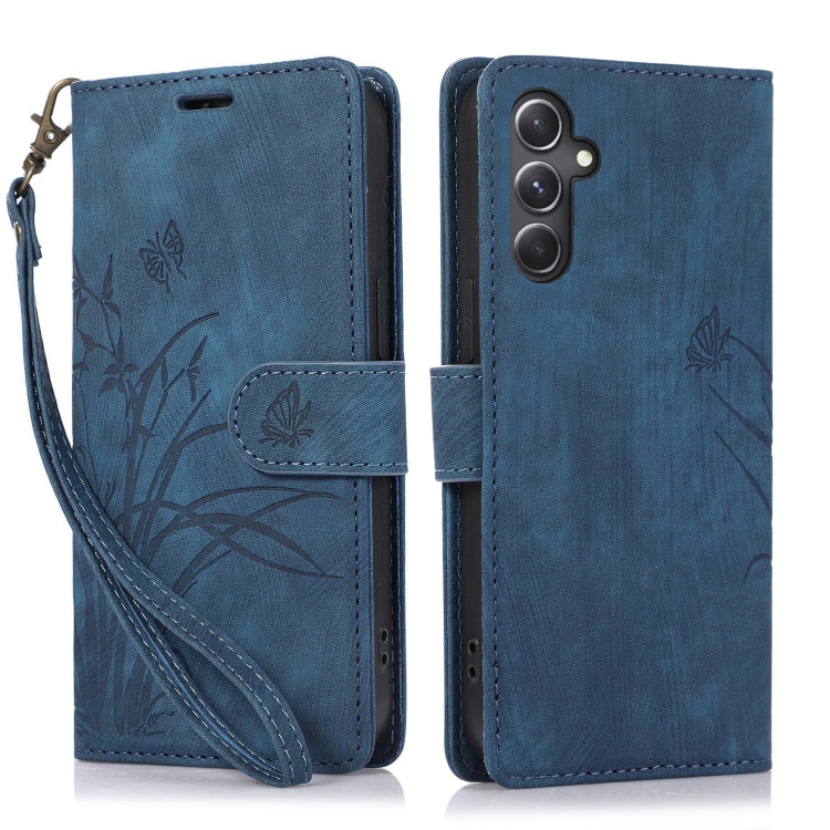 

For Samsung Galaxy A34 5G Orchid Butterfly Embossed Leather Phone Case(Blue)