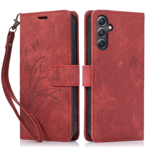 

For Samsung Galaxy A34 5G Orchid Butterfly Embossed Leather Phone Case(Red)