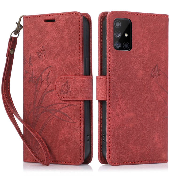 

For Samsung Galaxy A51 4G Orchid Butterfly Embossed Leather Phone Case(Red)