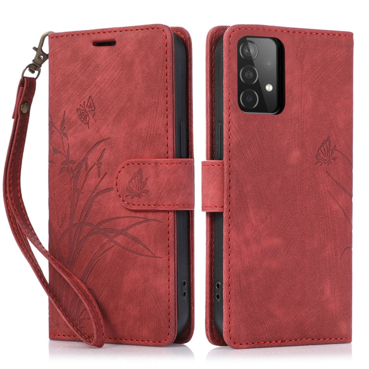 

For Samsung Galaxy A52 4G/5G Orchid Butterfly Embossed Leather Phone Case(Red)