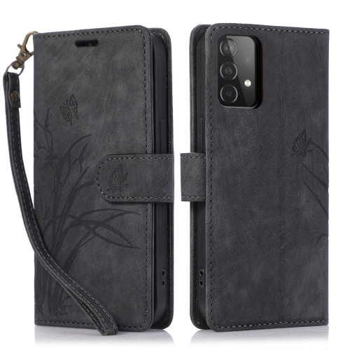 

For Samsung Galaxy A53 Orchid Butterfly Embossed Leather Phone Case(Black)
