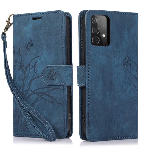 

For Samsung Galaxy A53 Orchid Butterfly Embossed Leather Phone Case(Blue)