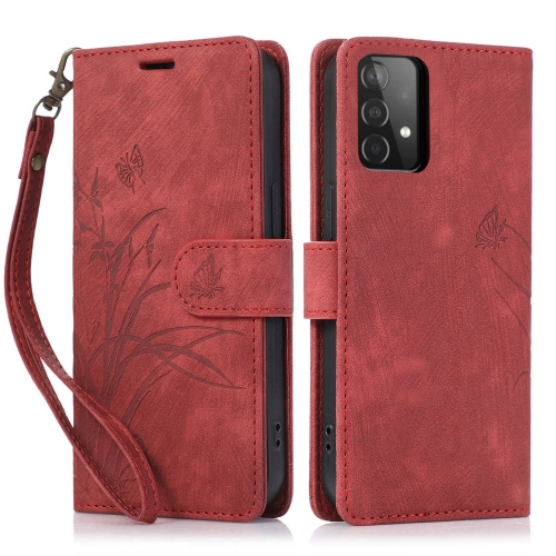 

For Samsung Galaxy A53 Orchid Butterfly Embossed Leather Phone Case(Red)