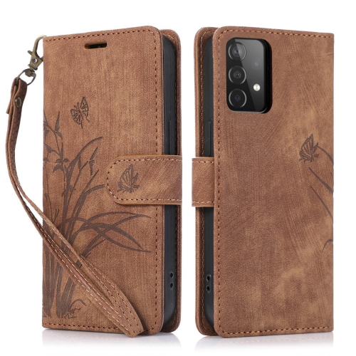 

For Samsung Galaxy A73 Orchid Butterfly Embossed Leather Phone Case(Brown)