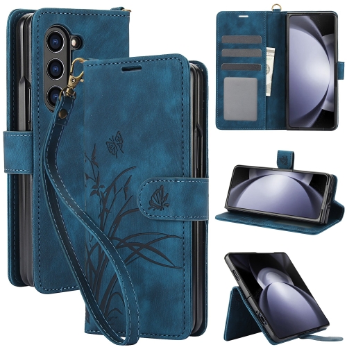 

For Samsung Galaxy Z Fold5 Orchid Butterfly Embossed Leather Phone Case(Blue)