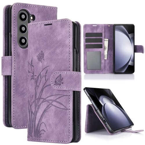 

For Samsung Galaxy Z Fold5 Orchid Butterfly Embossed Leather Phone Case(Purple)