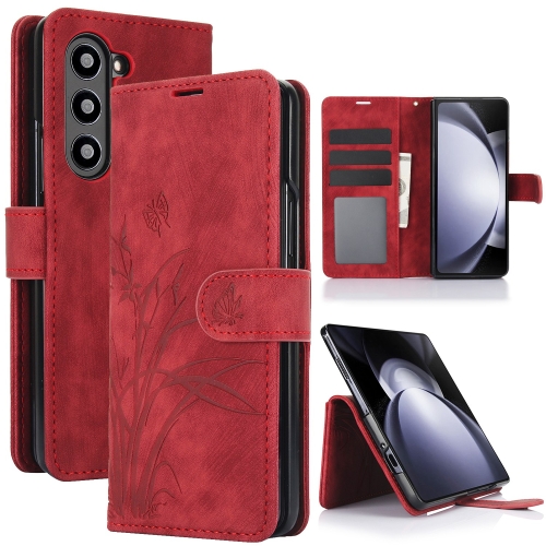 

For Samsung Galaxy Z Fold5 Orchid Butterfly Embossed Leather Phone Case(Red)