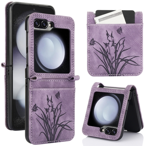 

For Samsung Galaxy Z Flip5 Orchid Butterfly Embossed Leather Phone Case(Purple)