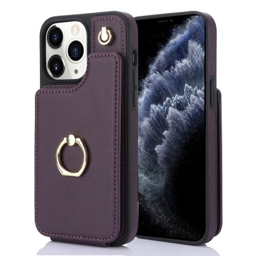 

For iPhone 11 Pro YM005 Skin Feel Card Bag Phone Case with Long Lanyard(Dark Purple)