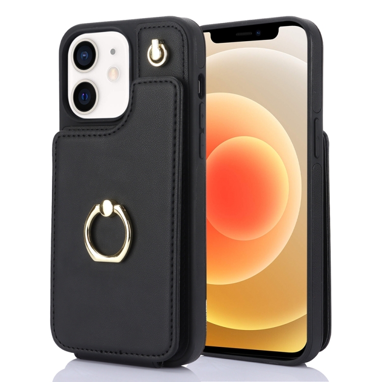 

For iPhone 12 / 12 Pro YM005 Skin Feel Card Bag Phone Case with Long Lanyard(Black)
