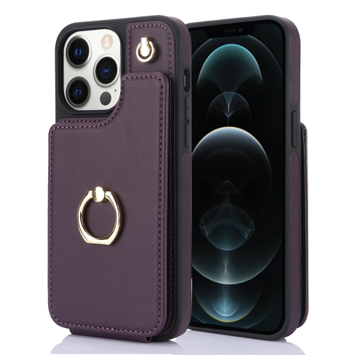 

For iPhone 12 Pro Max YM005 Skin Feel Card Bag Phone Case with Long Lanyard(Dark Purple)