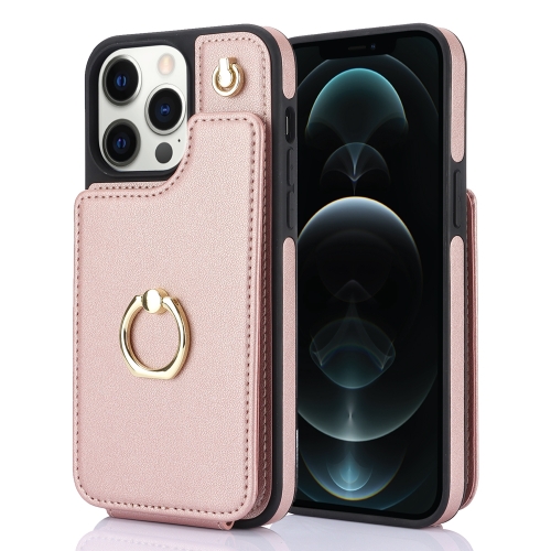

For iPhone 12 Pro Max YM005 Skin Feel Card Bag Phone Case with Long Lanyard(Rose Gold)