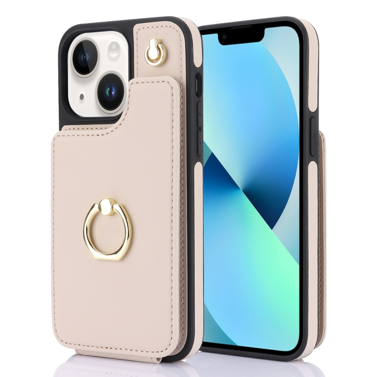 

For iPhone 13 YM005 Skin Feel Card Bag Phone Case with Long Lanyard(Apricot)