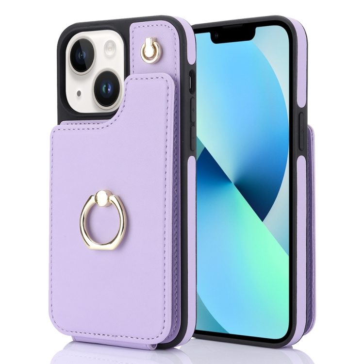 

For iPhone 13 YM005 Skin Feel Card Bag Phone Case with Long Lanyard(Light Purple)