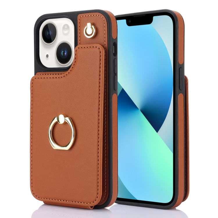 

For iPhone 13 YM005 Skin Feel Card Bag Phone Case with Long Lanyard(Brown)