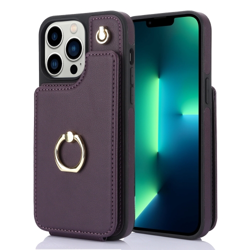 

For iPhone 13 Pro YM005 Skin Feel Card Bag Phone Case with Long Lanyard(Dark Purple)