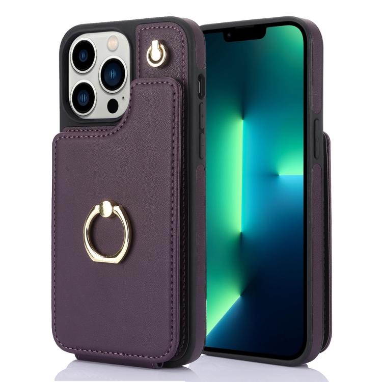 

For iPhone 13 Pro Max YM005 Skin Feel Card Bag Phone Case with Long Lanyard(Dark Purple)