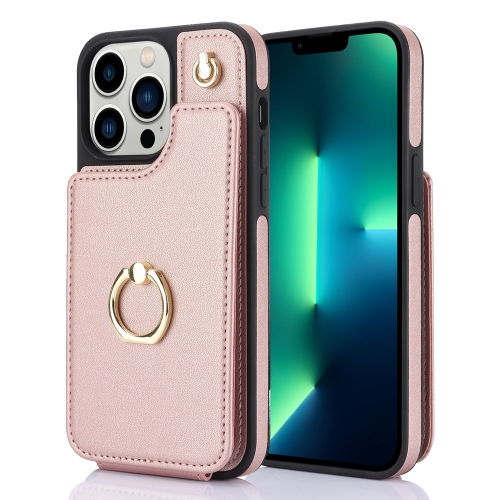 

For iPhone 13 Pro Max YM005 Skin Feel Card Bag Phone Case with Long Lanyard(Rose Gold)