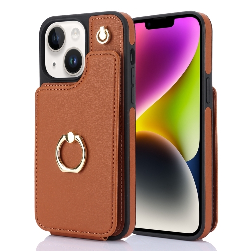 

For iPhone 14 Plus YM005 Skin Feel Card Bag Phone Case with Long Lanyard(Brown)