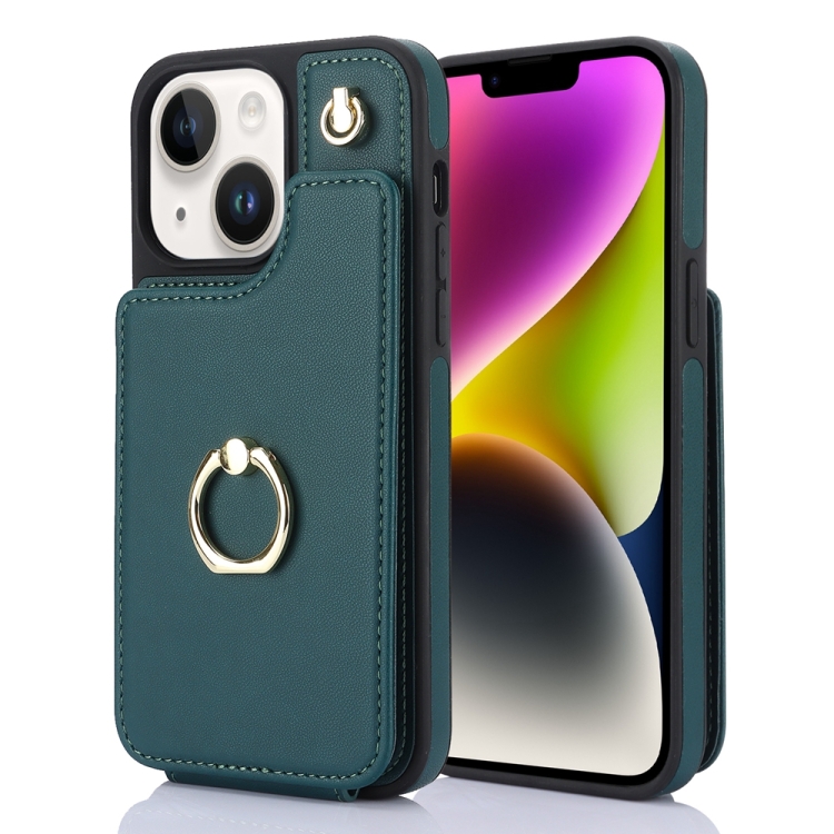 

For iPhone 14 Plus YM005 Skin Feel Card Bag Phone Case with Long Lanyard(Green)