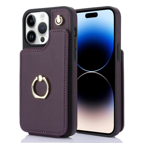 

For iPhone 14 Pro YM005 Skin Feel Card Bag Phone Case with Long Lanyard(Dark Purple)