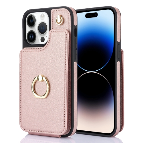

For iPhone 14 Pro YM005 Skin Feel Card Bag Phone Case with Long Lanyard(Rose Gold)