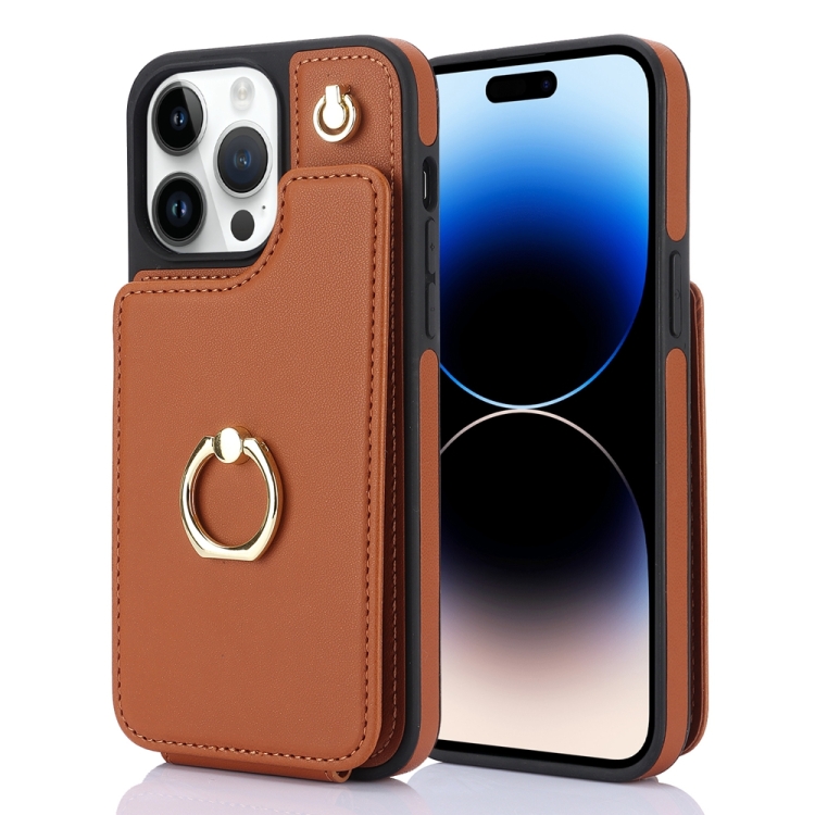 

For iPhone 14 Pro Max YM005 Skin Feel Card Bag Phone Case with Long Lanyard(Brown)