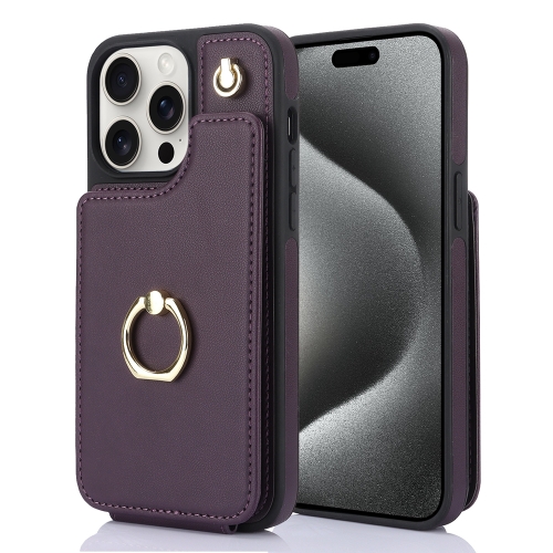 

For iPhone 15 Pro Max YM005 Skin Feel Card Bag Phone Case with Long Lanyard(Dark Purple)
