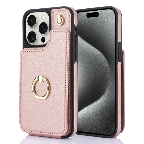 

For iPhone 15 Pro YM005 Skin Feel Card Bag Phone Case with Long Lanyard(Rose Gold)