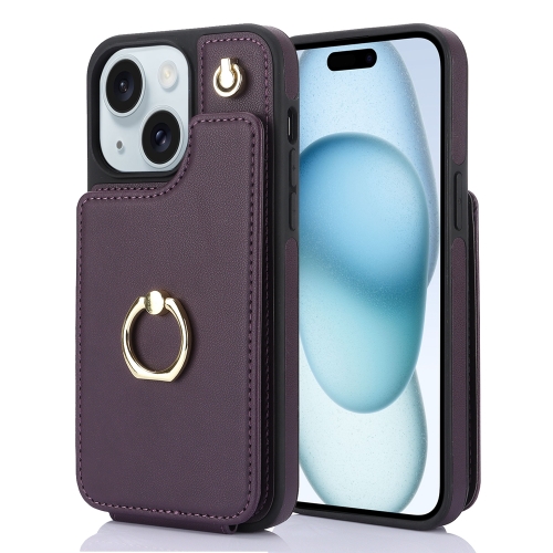 

For iPhone 15 Plus YM005 Skin Feel Card Bag Phone Case with Long Lanyard(Dark Purple)